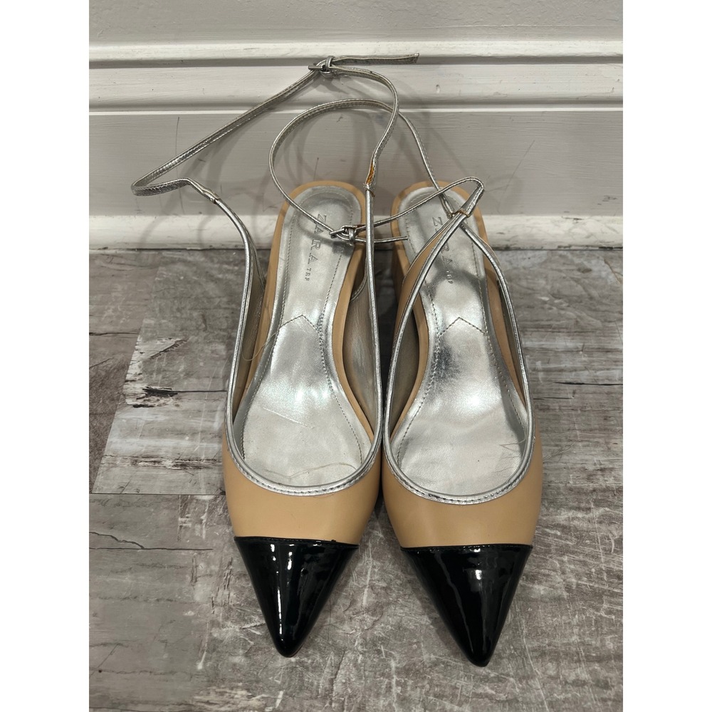 Zara Contrast Cap Toe Block Heels Womens Tan Black Silver Slingback Heels 41 US - Picture 2 of 13